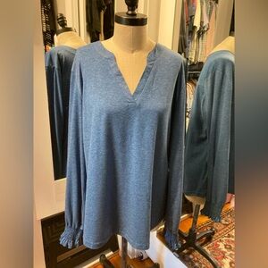 Roma Soft Blue Long Sleeve Popover Top with Shirred Elastic Cuffs, Size XL